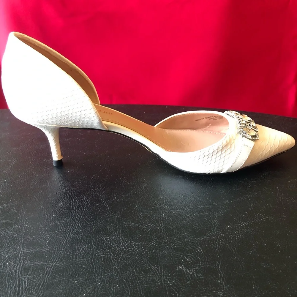 Enzo Angiolini White Pointed D'Orsay Heels with Crystal Buckle.  Eagabella.